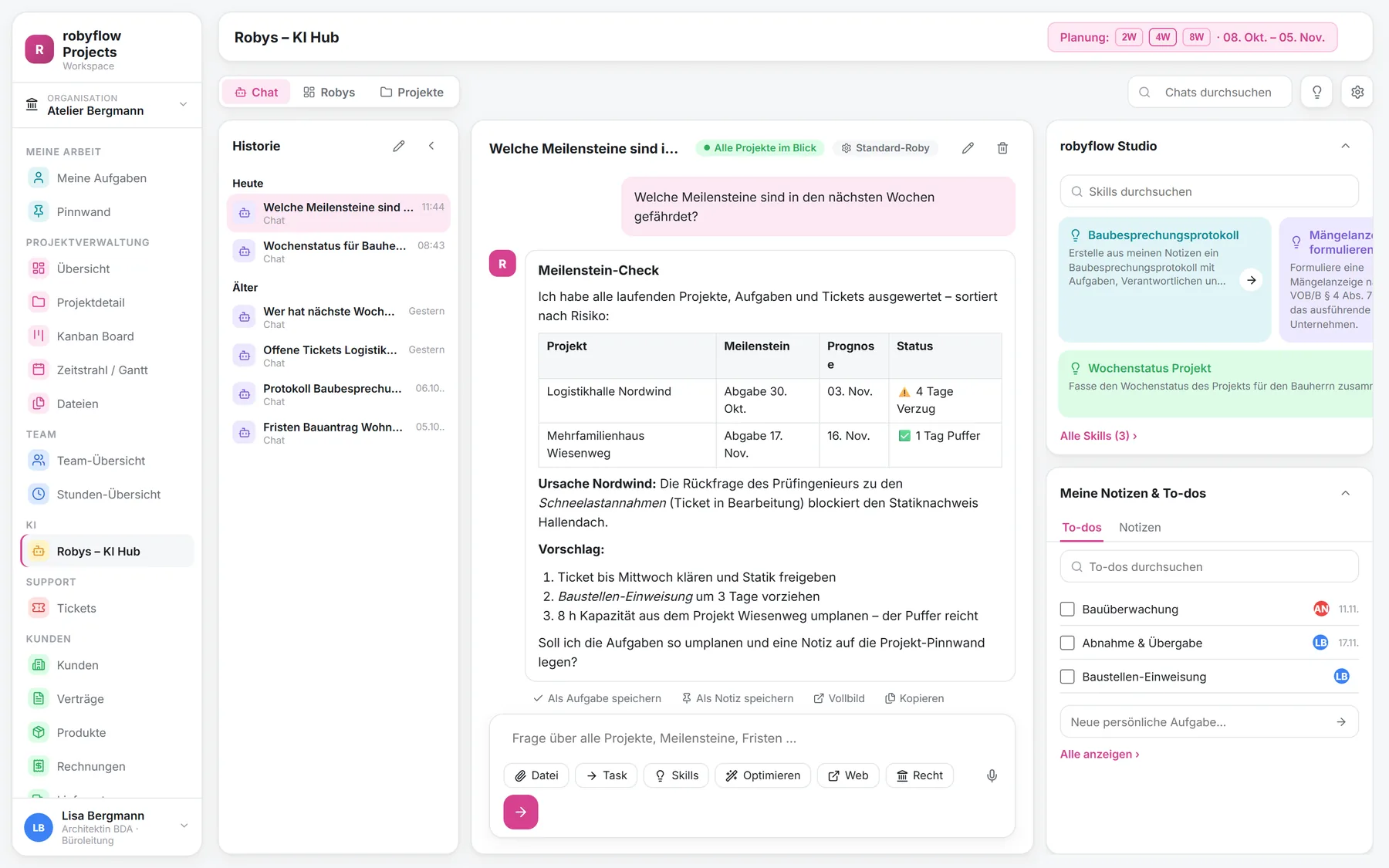KI-Chat mit Meilenstein-Check über alle Projekte, Ursache, Vorschlag und Aktionen Als Aufgabe speichern und Als Notiz speichern