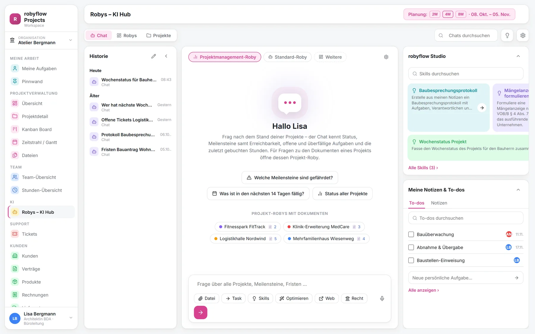 KI Hub mit Projektmanagement-Roby, Vorschlagsfragen und Projekt-Robys mit Dokumenten für vier Projekte